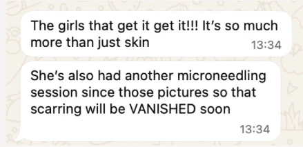 Message from a student: "The girls that get it get it!!! It's so much more than just skin." She adds that the client has had another microneedling session since the pictures, so the scarring will be gone soon.