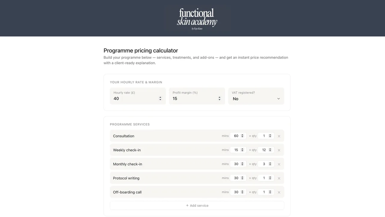 The FSA programme pricing calculator, used to build and price your own programme